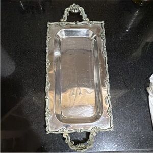 Ornate Silver-plated Rectangular Serving Tray with Handles